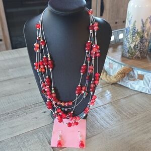 Vibrant Red Beaded Necklace and Earring Set
